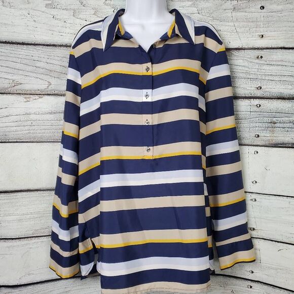 Ann Taylor Women’s Striped Button Front Blouse Navy Beige Yellow XL - Picture 1 of 9
